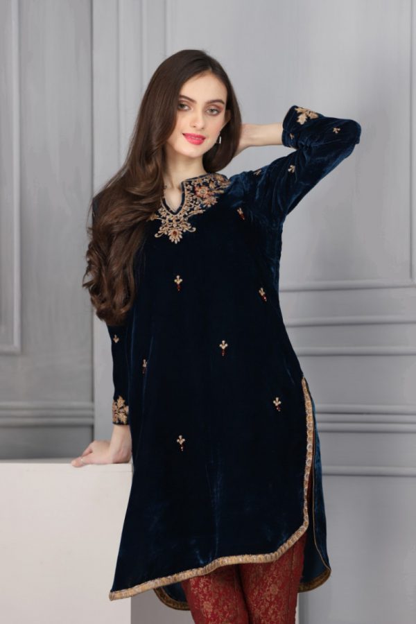 Nakoosh - NF-Aqua Blue Neck Velvet Stitched Shirt