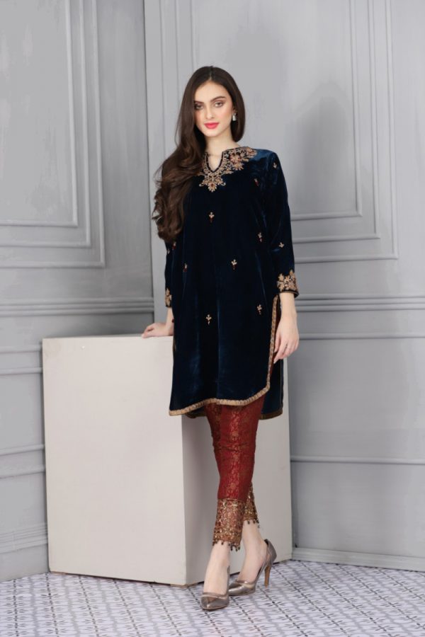 Nakoosh - NF-Aqua Blue Neck Velvet Stitched Shirt - Image 3
