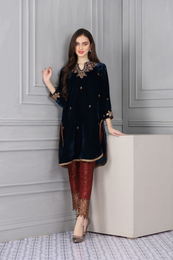 Nakoosh - NF-Aqua Blue Neck Velvet Stitched Shirt - Image 2