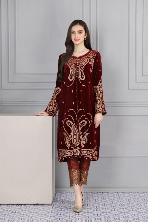 Nakoosh - NF-Maroon Velvet Stitched Shirt
