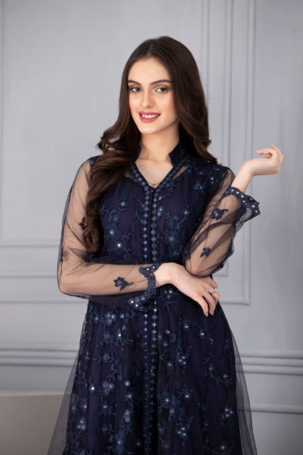Nakoosh - NF-3592 Blue Sheesha Net Long Stitched Shirt