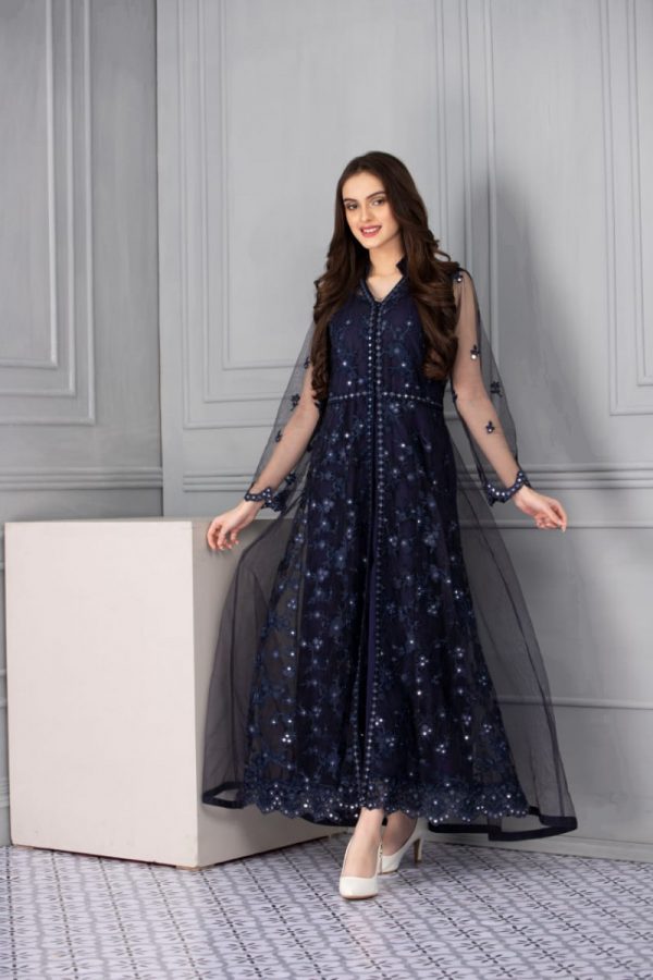 Nakoosh - NF-3592 Blue Sheesha Net Long Stitched Shirt - Image 2